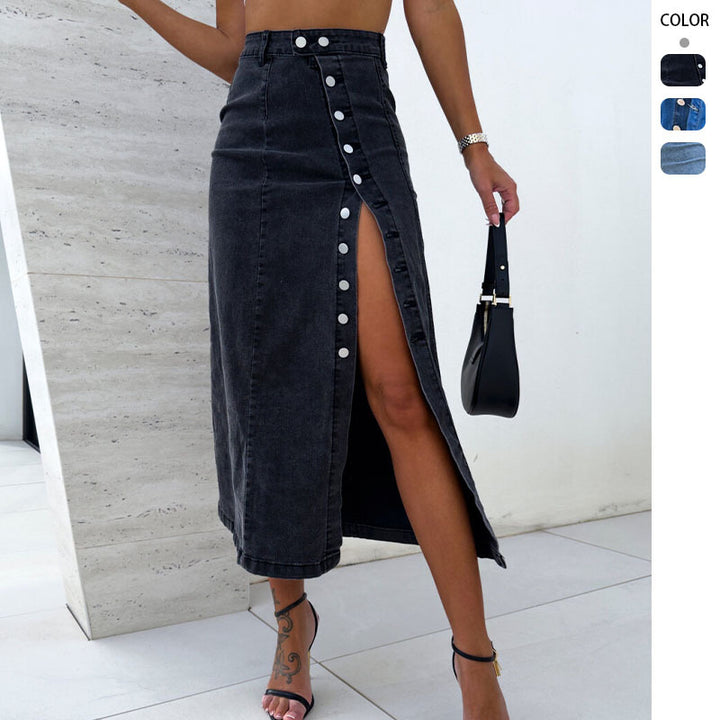 Ladies high-waisted midi skirt made of stretch denim with side snap button slit and fitted silhouette Mune Fashion