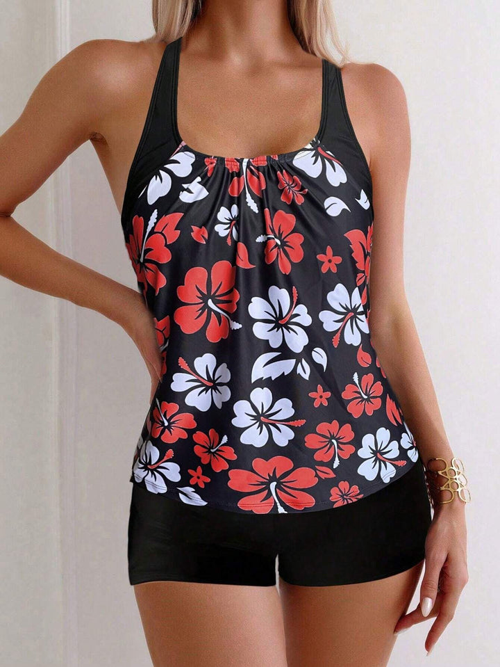 Women's Sporty Tankini Set with Floral Accents Mune Fashion