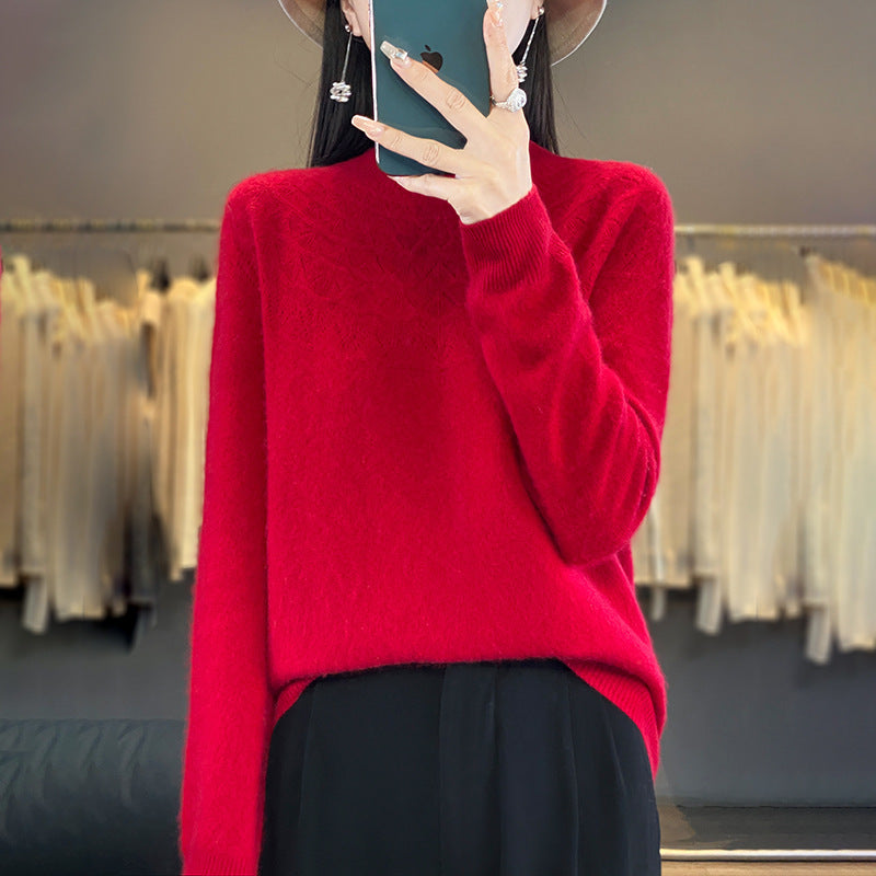 Women's Cozy Mohair Look Pullover with Decorative Structure on the Top and High Collar Mune Fashion