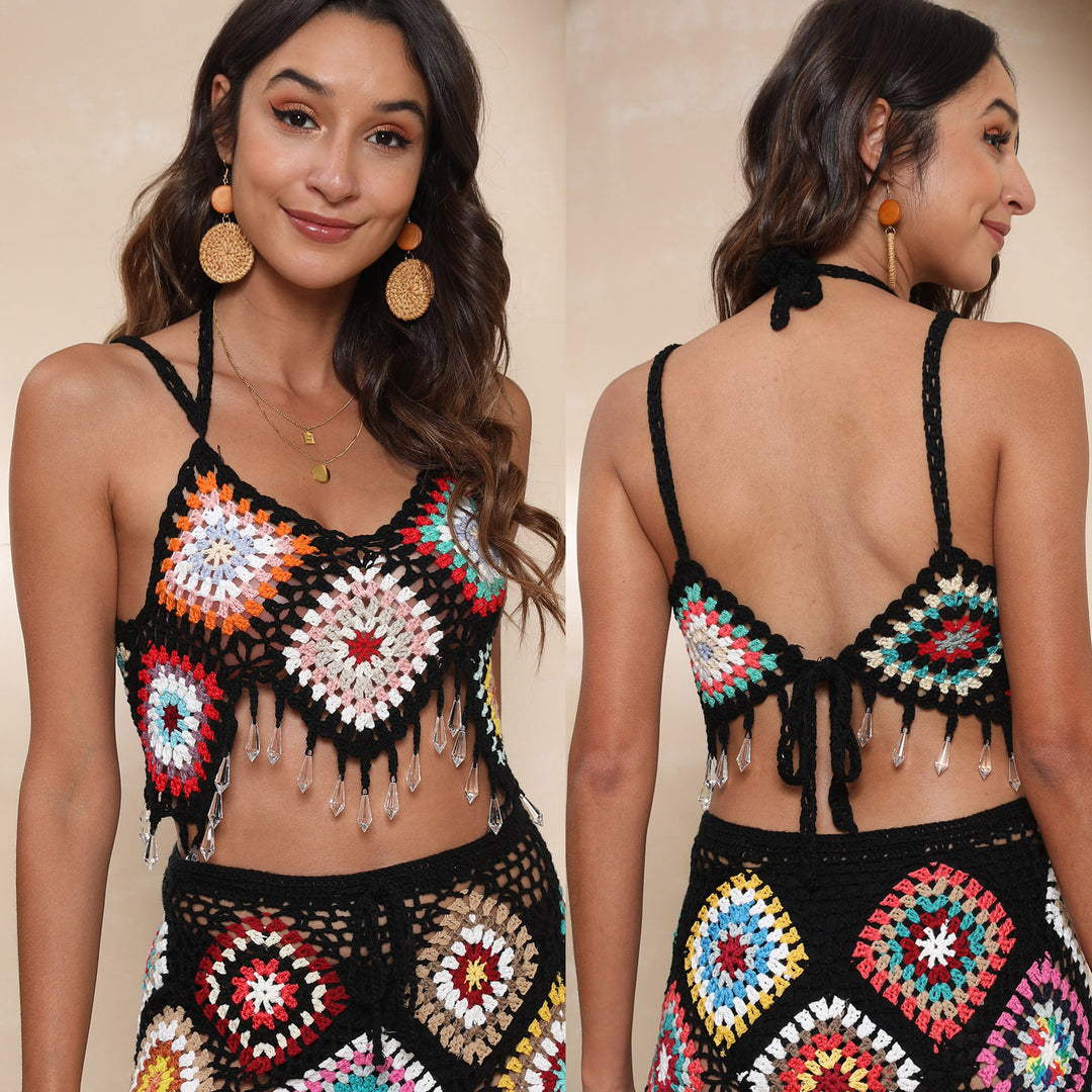 Women crocheted crop top with colorful granny squares and glitter accents Mune Fashion