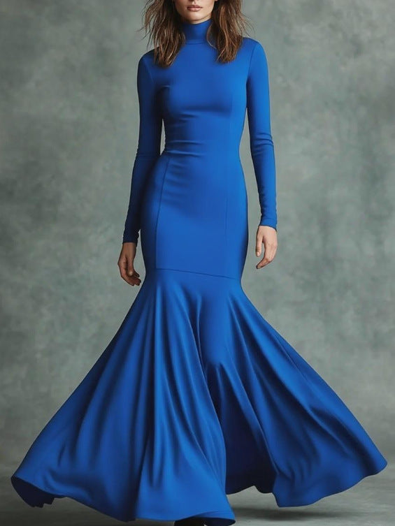 Women Elegant Long Sleeve Maxi Dress with High Neck and Flowing Skirt Mune