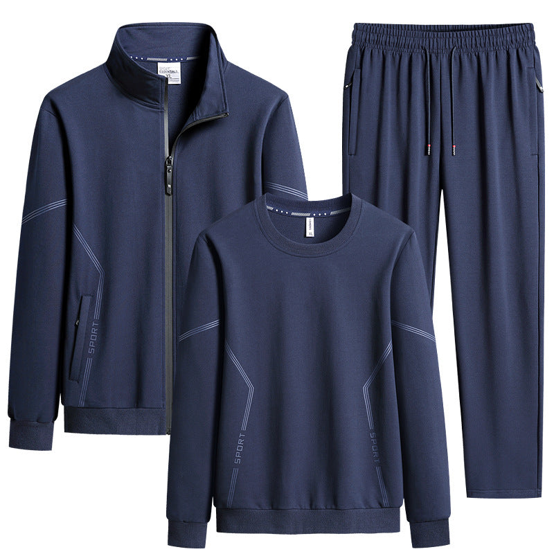 Men's Three-Piece Performance Training Set with Stand Collar Zip Jacket, Round Neck Sweater & Tapered Jogging Pants Mune Fashion
