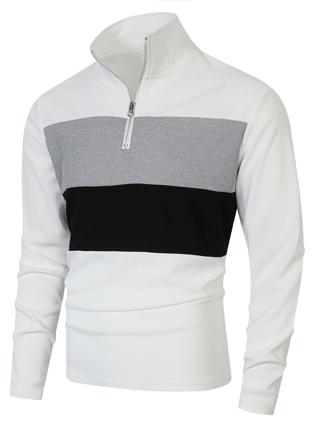 Men's half-zip pullover with stand-up collar, wide block stripe, and finely ribbed texture Mune Fashion
