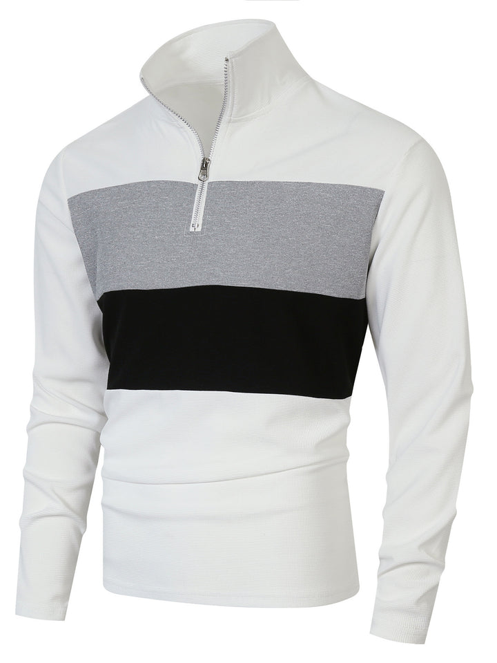Men's half-zip pullover with stand-up collar, wide block stripe, and finely ribbed texture Mune Fashion