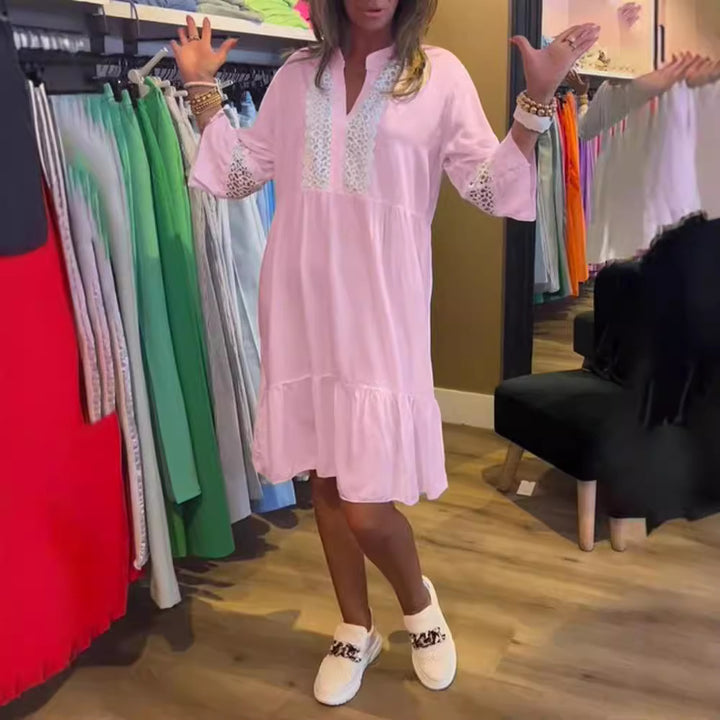 Women’s loose babydoll tunic dress with lace insert, V-neck, stand-up collar, and tiered ruffle Mune Fashion
