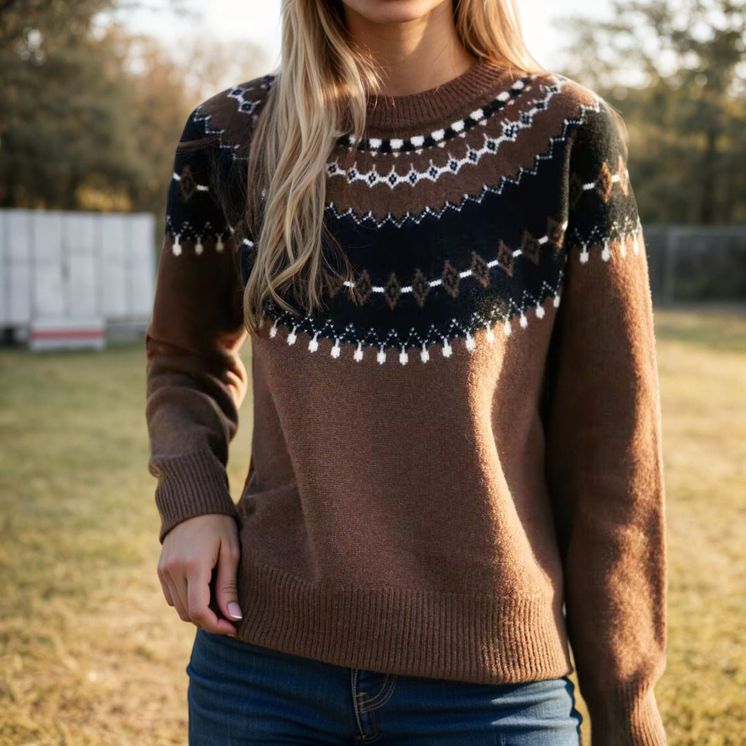 Women's Norwegian sweater with round neckline, jacquard yoke, and soft fine knit Mune Fashion
