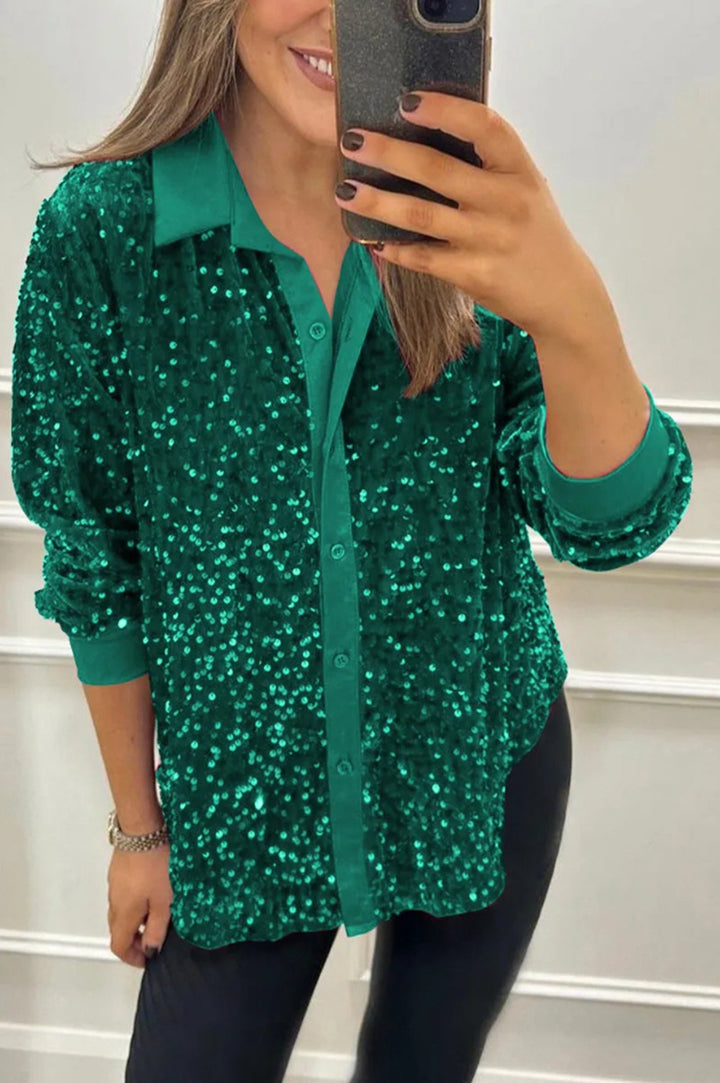 Women's shimmering sequin shirt blouse with collar, button placket, and elastic cuffs Mune Fashion