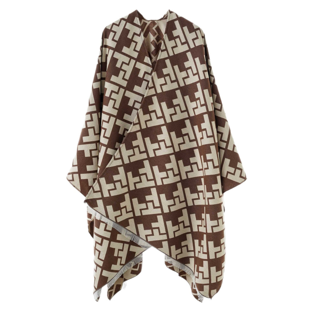 Women's Oversize Cape with Geometric Jacquard and Fringe Hem Mune Fashion