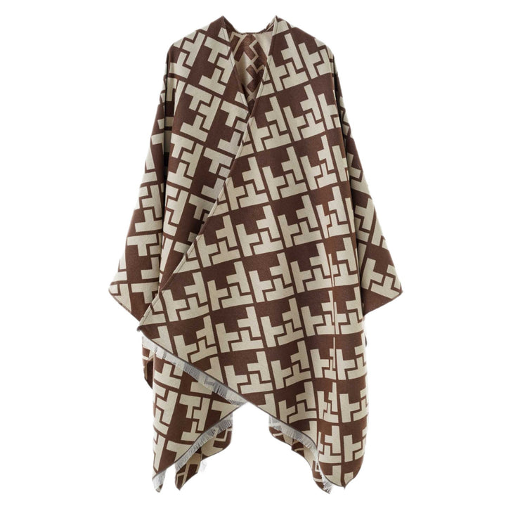 Women's Oversize Cape with Geometric Jacquard and Fringe Hem Mune Fashion