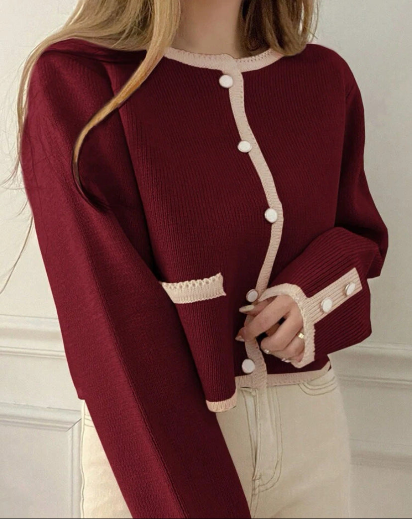 Women Short-Cut Ribbed Cardigan with Contrast Crochet Trim, Decorative Button Placket and Pocket Trim Mune Fashion