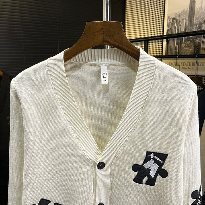 Men's knit cardigan with V-neck and decorative puzzle applications Mune Fashion