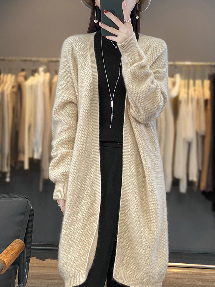 Women’s Long Open Knit Cardigan with Seed Pattern and Ribbed Edges Mune Fashion