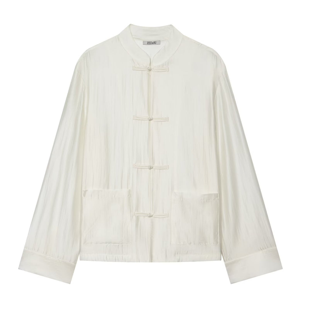 Women's Mandarin Collar Jacket with Chinese Knot Fastenings and Patch Pockets Mune Fashion