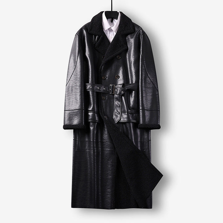 Men's Maxi-length Faux Leather Coat with Teddy Lining, Double-breasted Button Placket and Waist Belt Mune Fashion