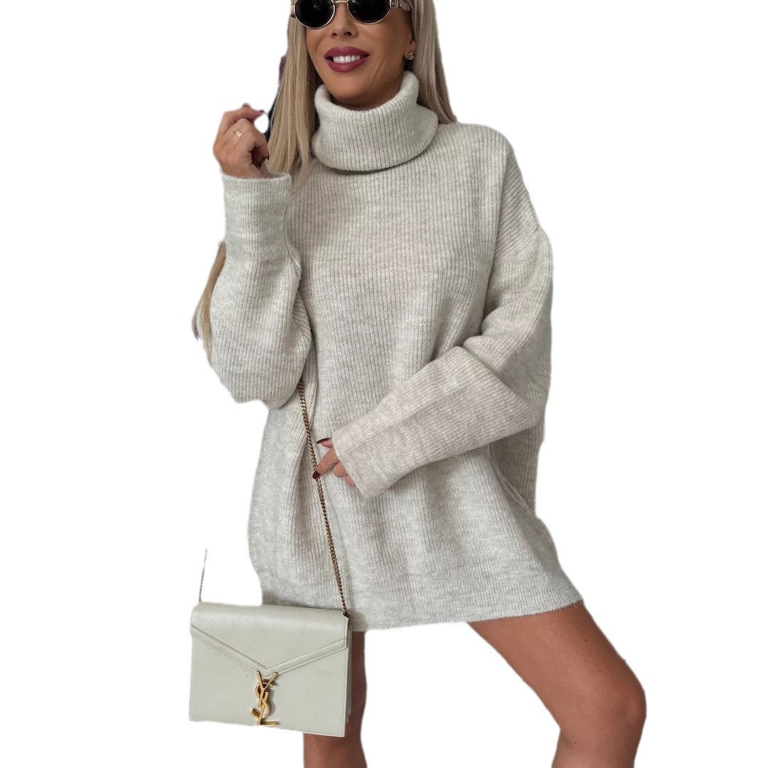 Women's cozy chunky knit mini dress with extra high turtleneck and oversized fit Mune Fashion