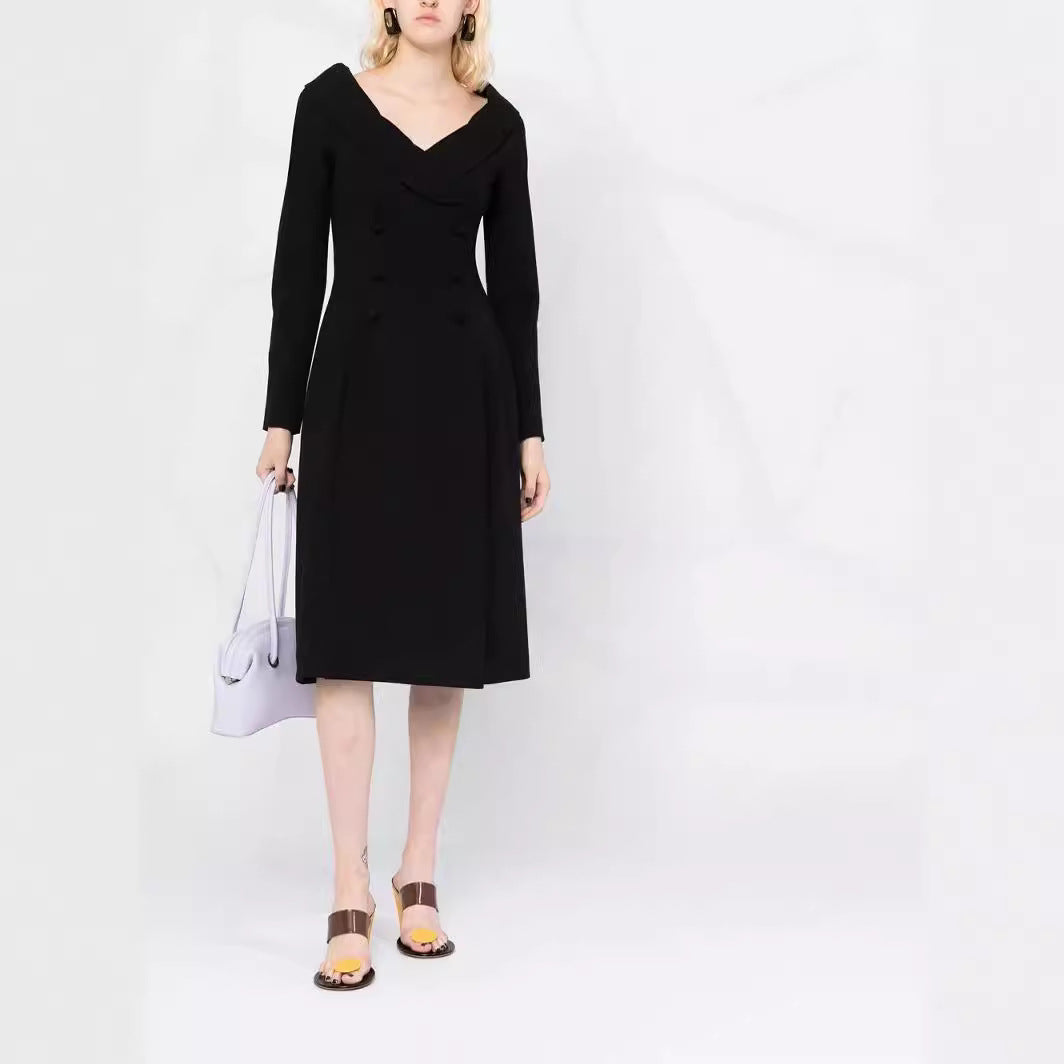 Women's maxi dress in coat look with off-the-shoulder collar and double row Mune Fashion