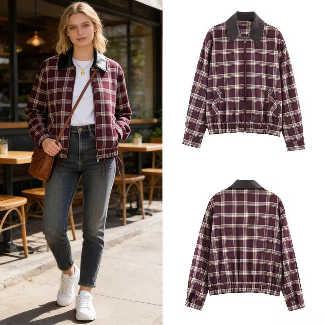 Women's Checked Blouson Jacket with Contrasting Leather Collar and Elastic Hem Mune Fashion