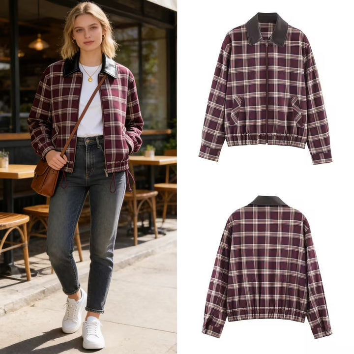 Women's Checked Blouson Jacket with Contrasting Leather Collar and Elastic Hem Mune Fashion