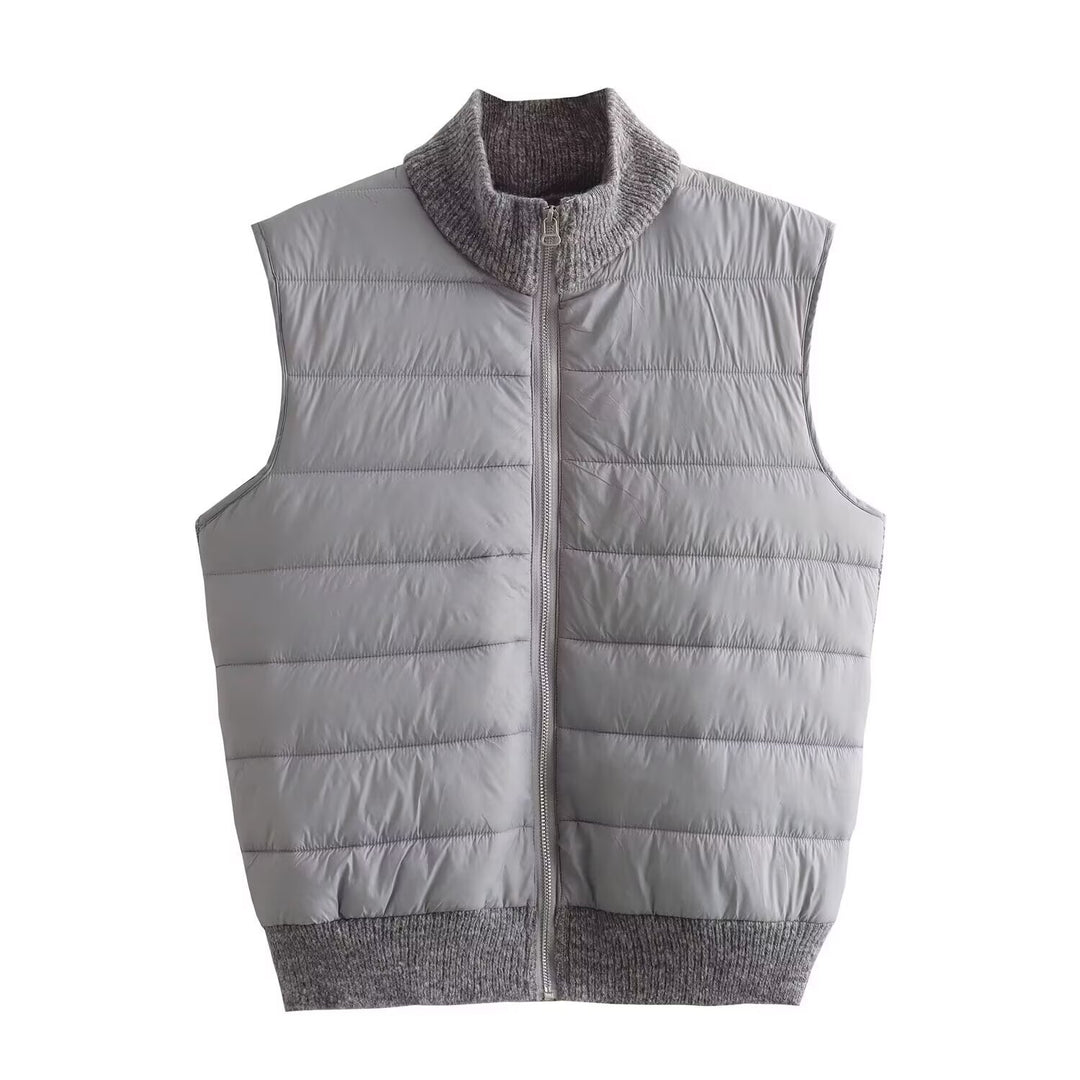 Women's Padded Quilted Vest with Knit Funnel Neck Mune Fashion