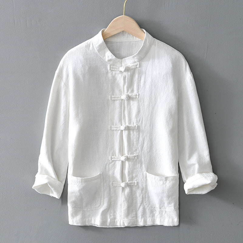 Men's lightweight linen jacket in traditional Chinese style with stand-up collar and knot closures Mune Fashion