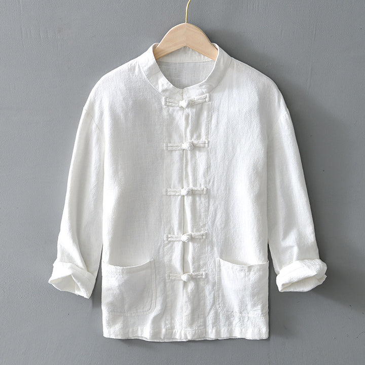 Men's lightweight linen jacket in traditional Chinese style with stand-up collar and knot closures Mune Fashion