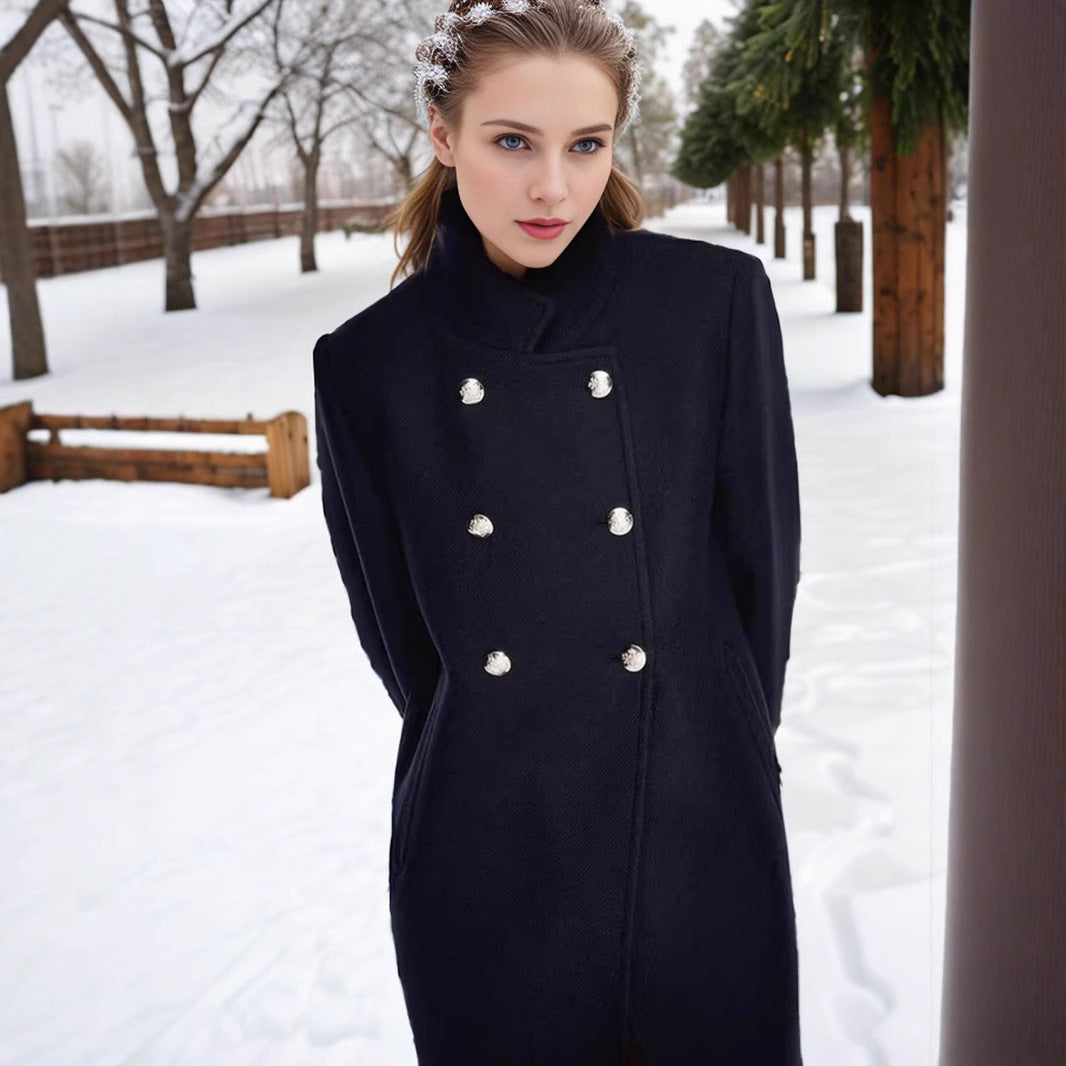 Ladies Double-Breasted Mini Coat with Stand Collar and Decorative Metal Buttons Mune Fashion