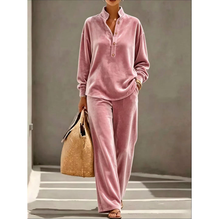 Ladies Velour Loungewear Set with Stand Collar Henley Top and Wide Palazzo Pants Mune Fashion