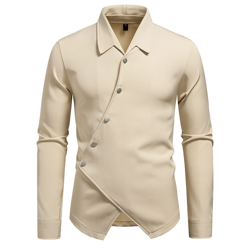 Men's Asymmetrical Shirt with Diagonal Button Placket and Shirt Collar Mune Fashion
