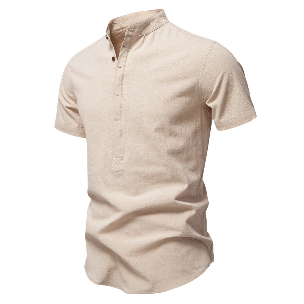 Men's casual short-sleeve shirt with stand-up collar, half button placket, and lightly textured cotton-linen quality Mune Fashion