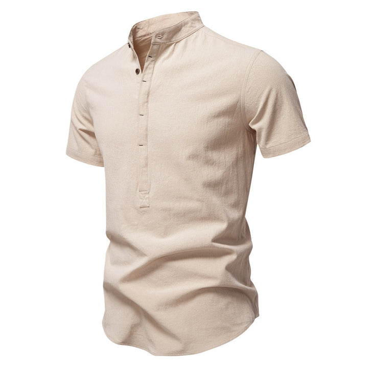 Men's casual short-sleeve shirt with stand-up collar, half button placket, and lightly textured cotton-linen quality Mune Fashion