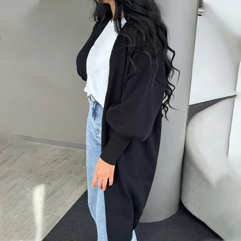 Women Oversized Long Cardigan with Volume Sleeves, Open Front and Patch Pockets Mune Fashion