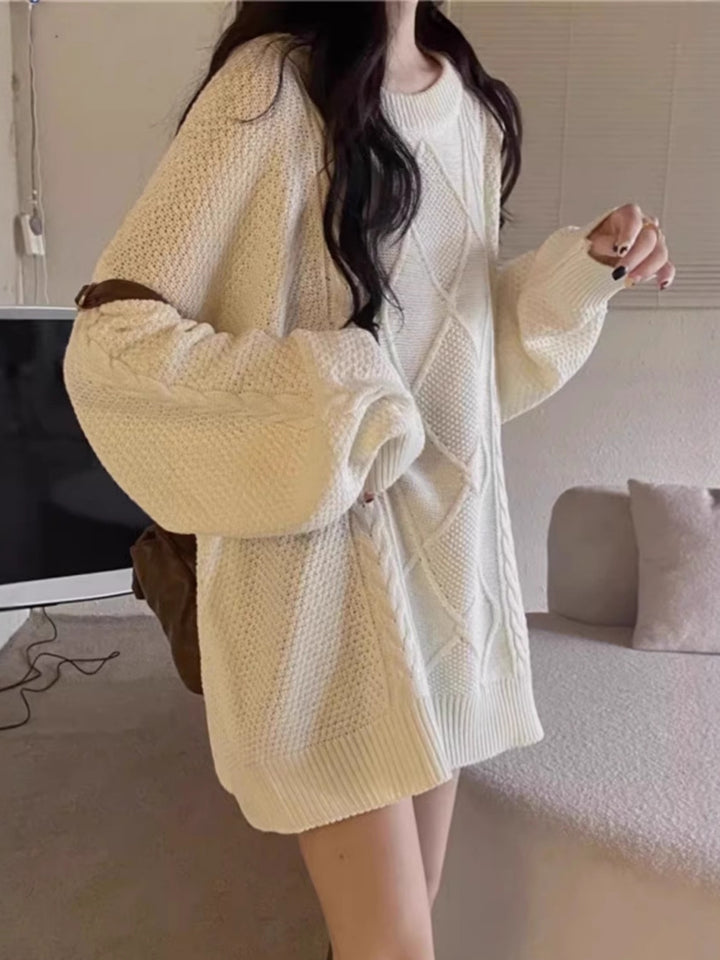 Women Oversize Cable Knit Long Sweater with Round Neck and Balloon Sleeves Mune Fashion