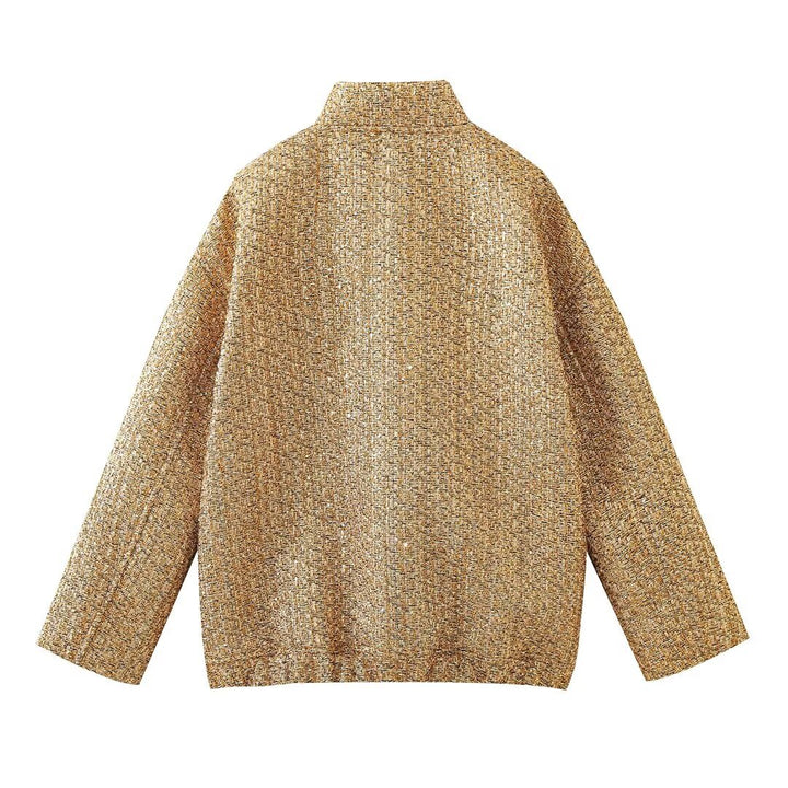 Women's casual tweed jacket with short stand-up collar, concealed front, and patch pockets Mune Fashion