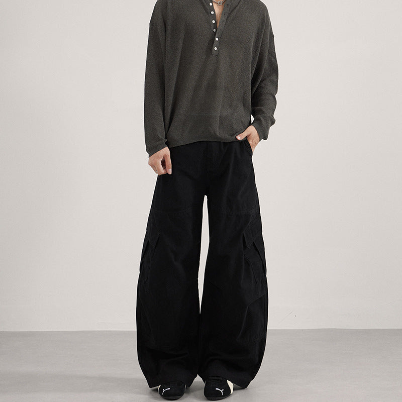 Men's Extra Wide Canvas Cargo Palazzo Pants with Deep Crotch and Large Flap Pockets Mune Fashion