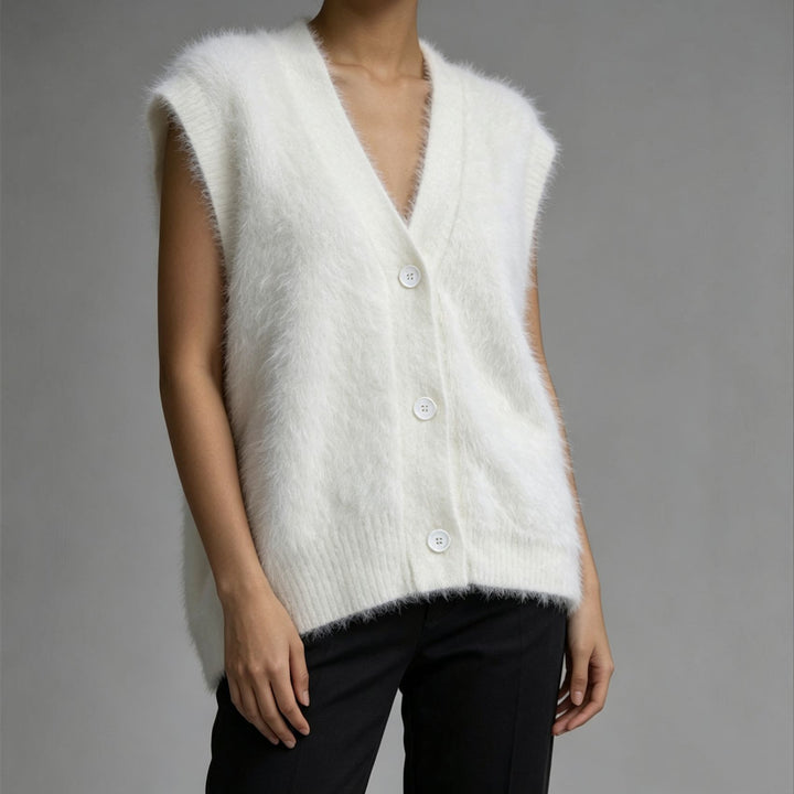 Women's Fluffy Sleeveless Button Vest made of Mohair Blend with Deep V-Neck Mune Fashion