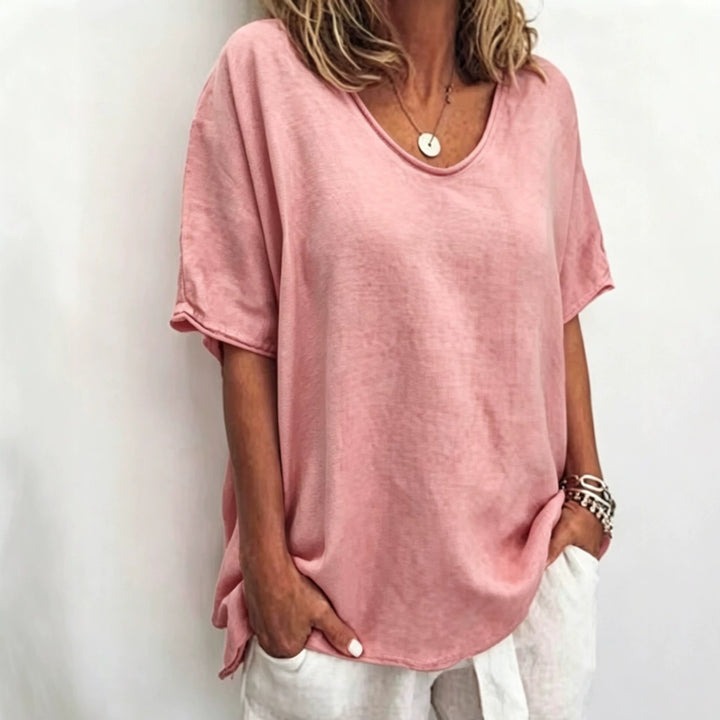 Women's loosely cut linen blend relaxed shirt with round neck, dropped sleeves and side slits Mune Fashion