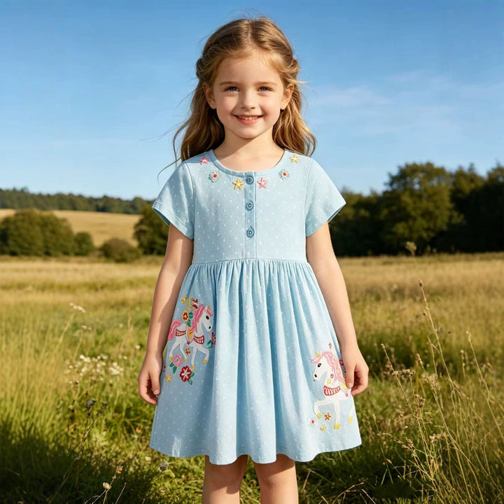 Girl's summer dress with embroidered unicorn motif Mune Fashion