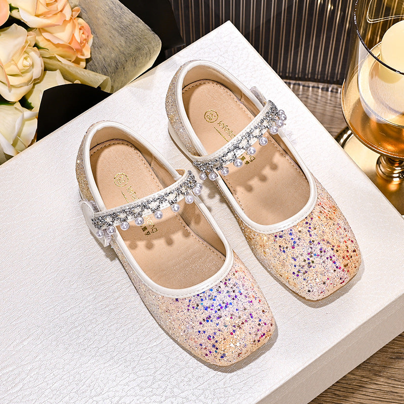 Girls Glittering Mary Jane Ballet Flats with Pearls and Bow Decor Mune Fashion