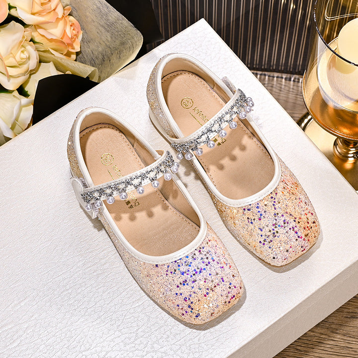 Girls Glittering Mary Jane Ballet Flats with Pearls and Bow Decor Mune Fashion
