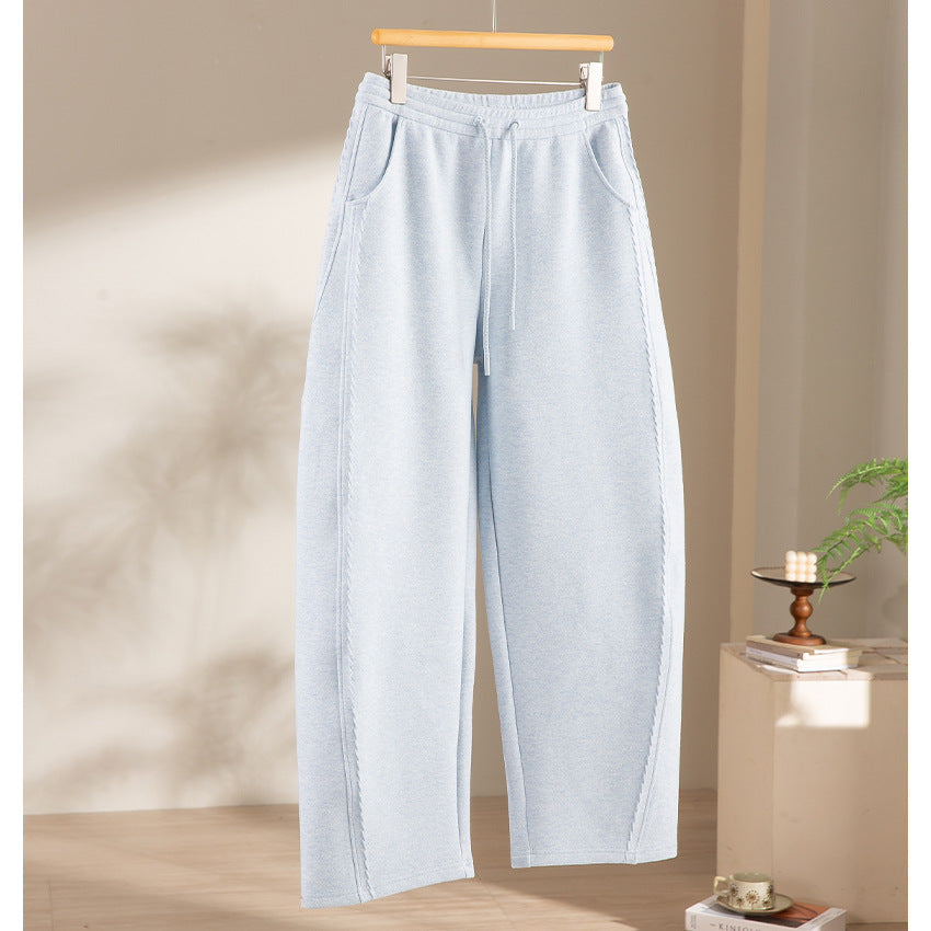 Women Relaxed-Fleece-Pants with High Waist, Drawstring and Decorative Side Seam Mune Fashion