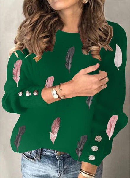 Women's fine knit sweater with feather motif, round neck and decorative button placket Mune Fashion