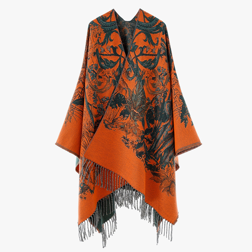 Women Ornamental Jacquard Cape‑Style Throw with Fringed Hem Mune Fashion
