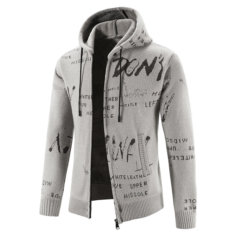 Men's knitted hooded jacket with full-length zipper, graphic all-over print, and side pockets Mune Fashion