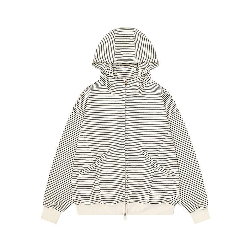 Unisex Striped Hooded Sweat Jacket with Zipper and Kangaroo Pockets Mune Fashion