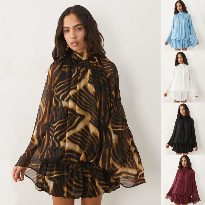 Women's chiffon mini dress with gathered blouse tunic, stand-up collar, and flounce skirt Mune Fashion
