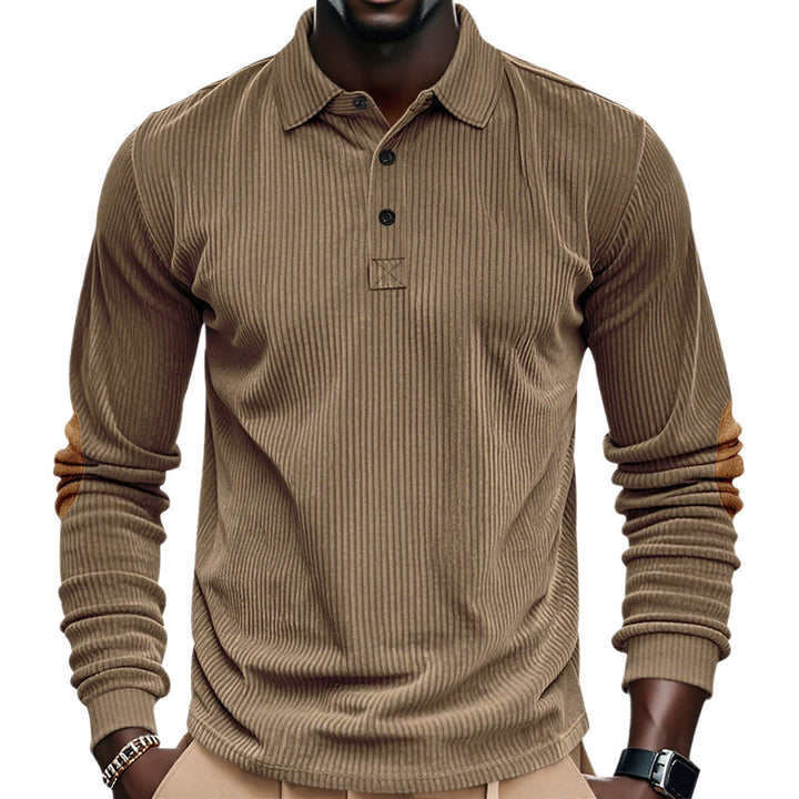 Men's ribbed long sleeve polo shirt with Henley placket and velour-like elbow patches Mune Fashion
