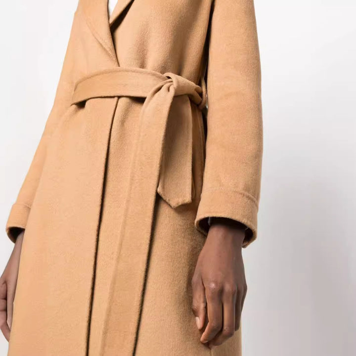 Women's Midi-Length Wrap Coat in Clean-Cut made of Wool-Cashmere Blend with Tie Belt Mune Fashion