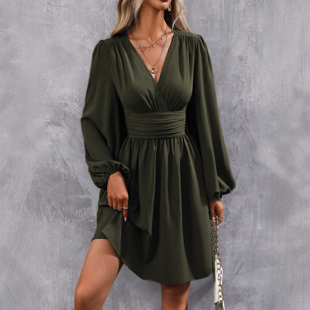 Women Knee-Length Wrap Dress with Elegant Puff Sleeves Mune