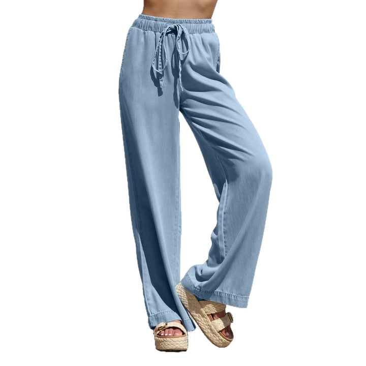 Ladies' wide linen-look summer trousers with elastic waistband, drawstring, and side pockets Mune Fashion