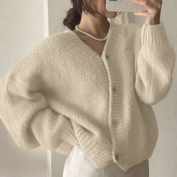 Women's Oversized Cardigan with Deep V-Neck, Balloon Sleeves, and Decorative Button Placket Mune Fashion
